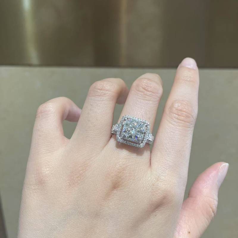 双层围镶方包圆钻Women's RingS925银镀白金定制选款主石Moissanite3.0ct/副石高碳钻
